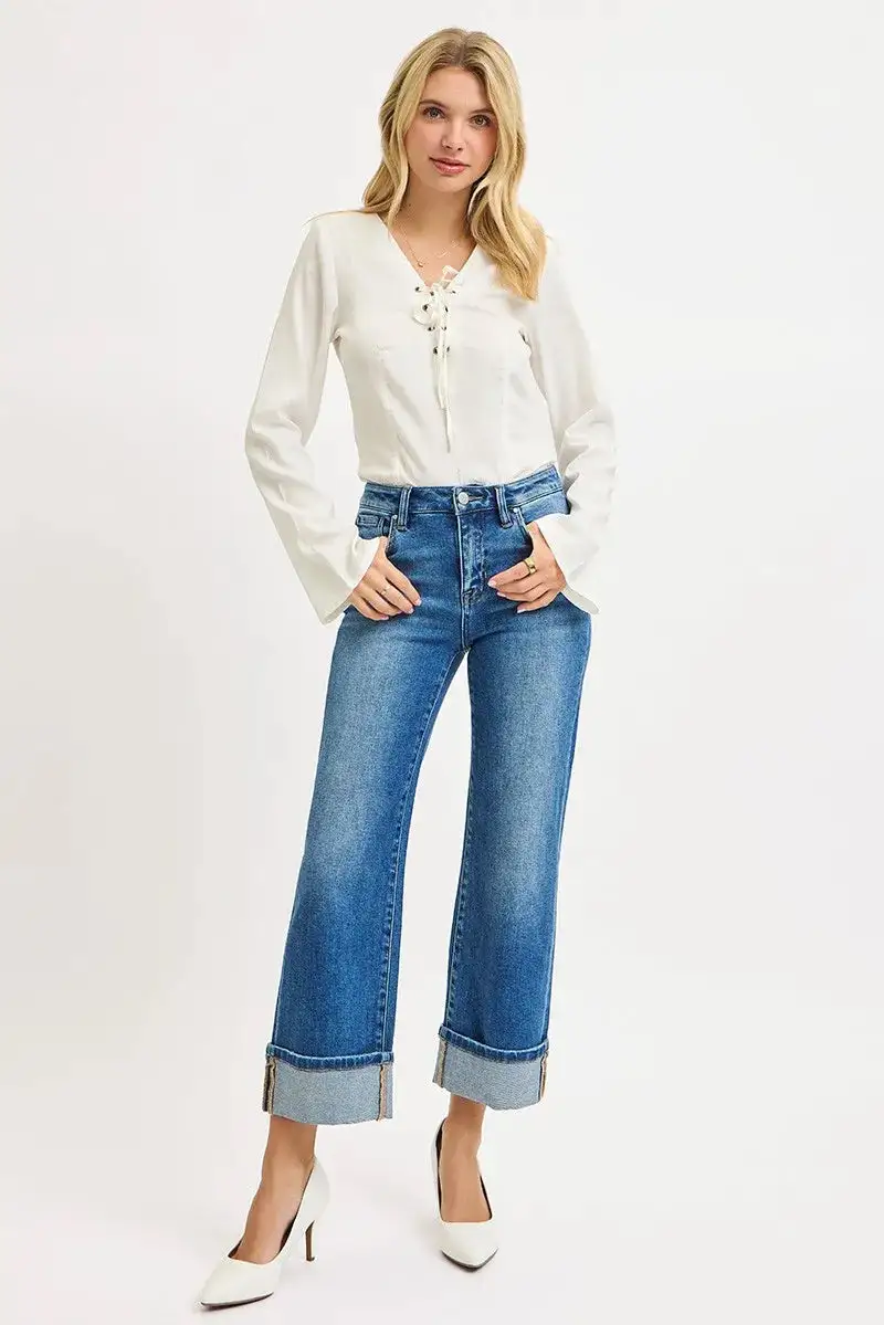 Denim Mid Rise Straight Leg Raw Hem Jeans