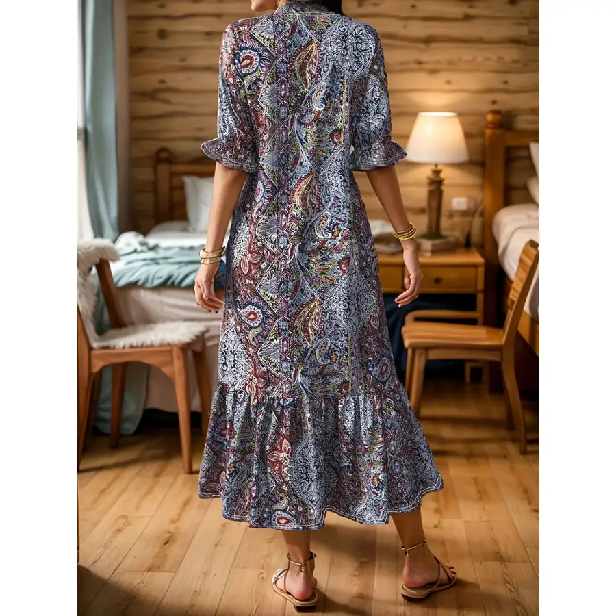 Full Size Bohemian Paisley Ruffle Hem Midi Dress Plus Size