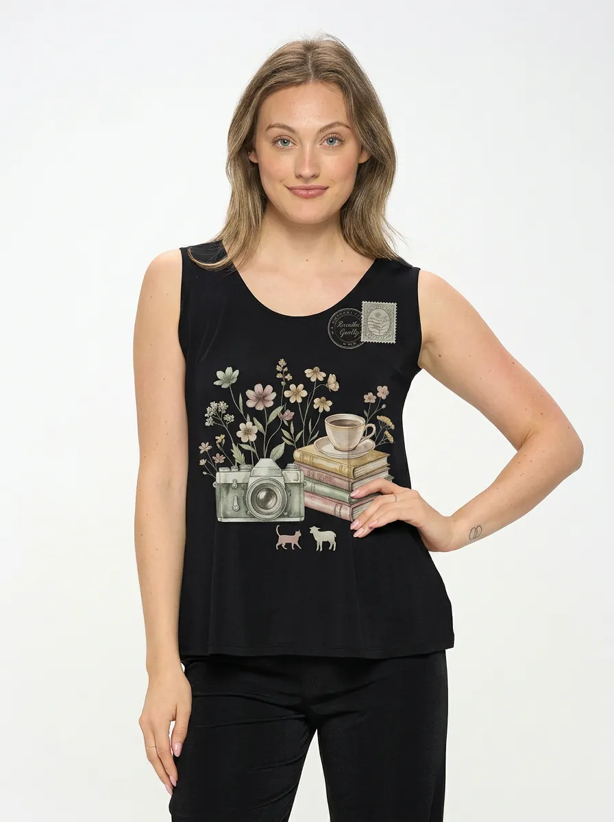 Women's Camera Books Flowers Coffee Printed Tank Top
