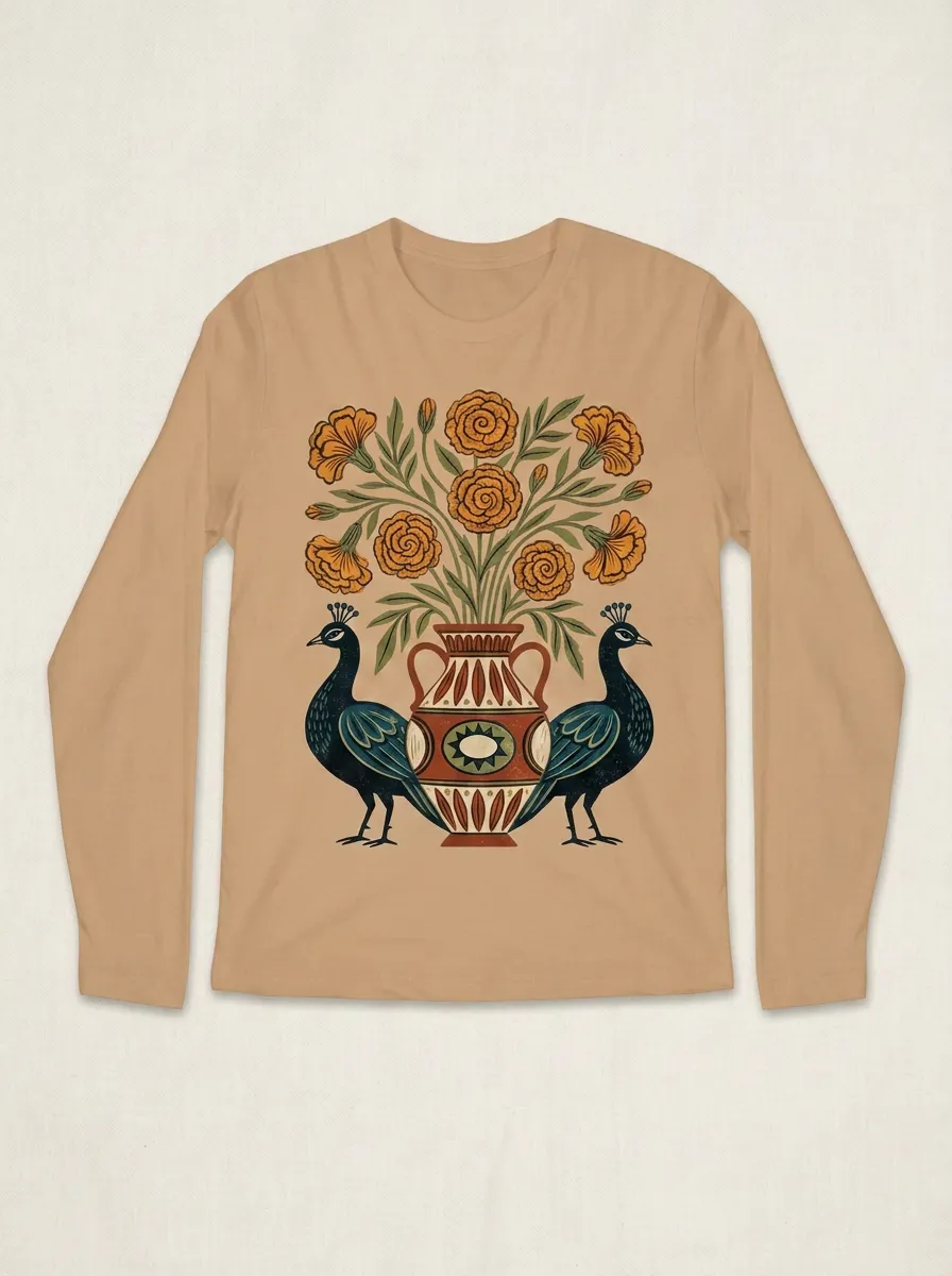 Unisex Folk Art Peacock Flower Vase Long Sleeve T-Shirt
