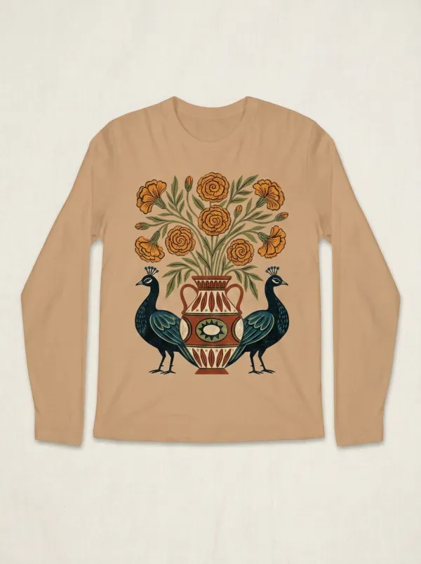 Unisex Folk Art Peacock Flower Vase Long Sleeve T-Shirt