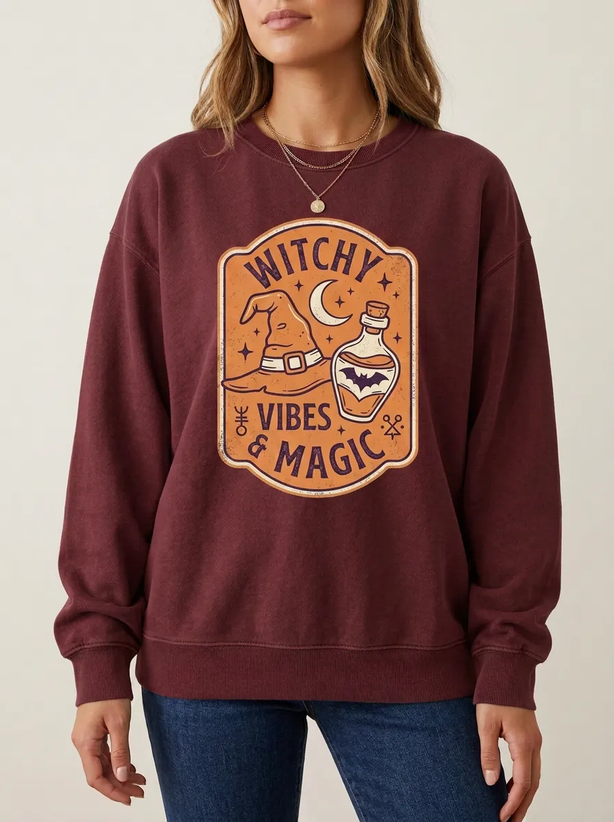 Women's Halloween Witchy Vibes Magic Hat Potion Printed Sweatshirt