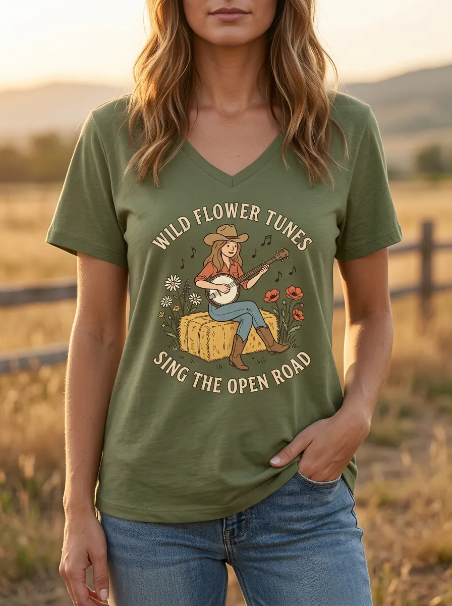 Roadhouse-Inspired Banjo Custom Country Music V-Neck T-Shirt