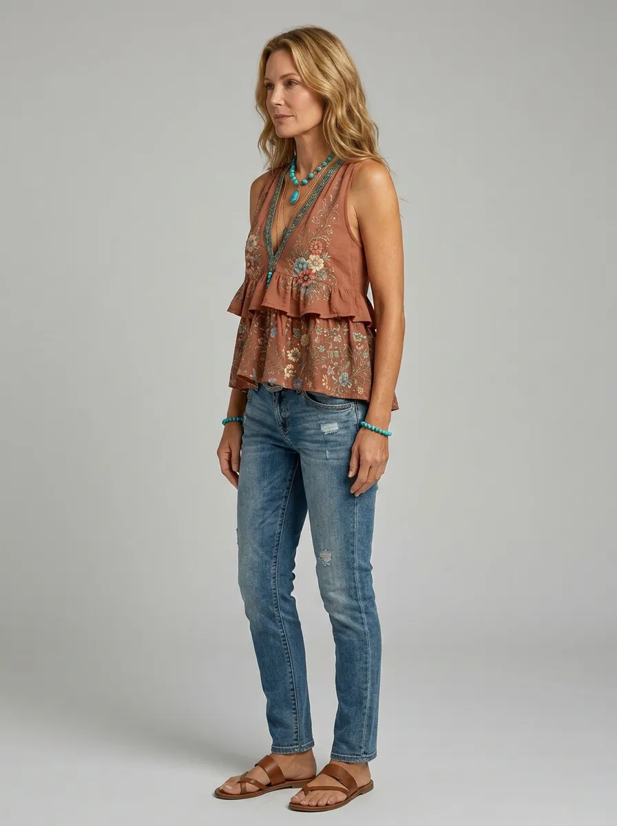 Women's Boho Floral Vintage Botanical Printed Short Sleeve Top