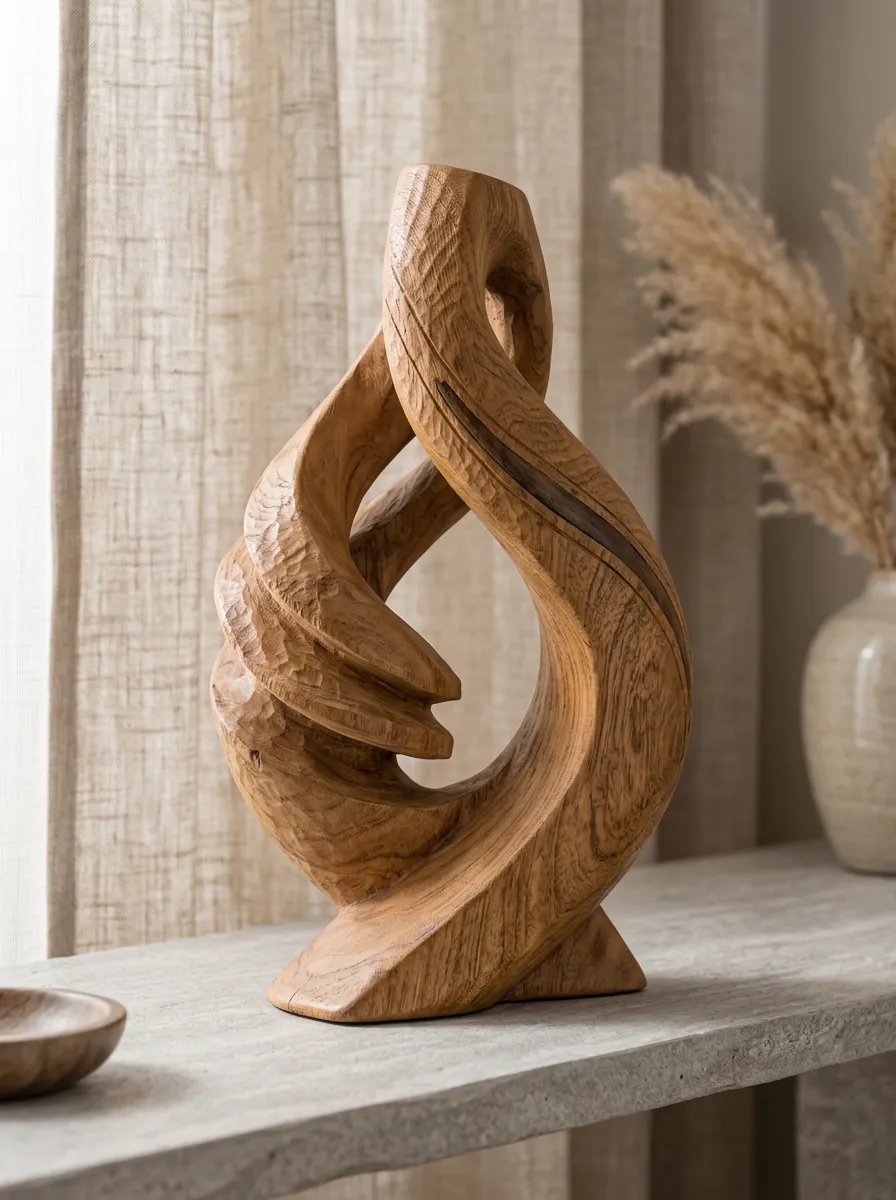 Modern Home Decor Abstract Swirl Hand-Carved Wooden Sculpture Ornament