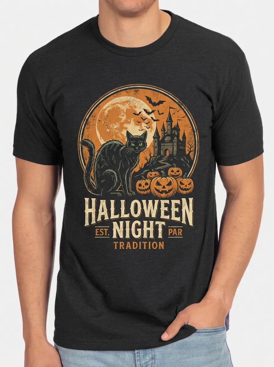 Men's Halloween Night Black Cat Pumpkin Castle Printed T-shirt