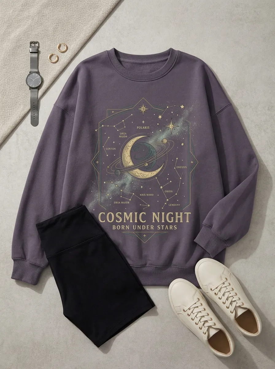 Women's Cosmic Night Constellation Moon Planet Printed T-shirt