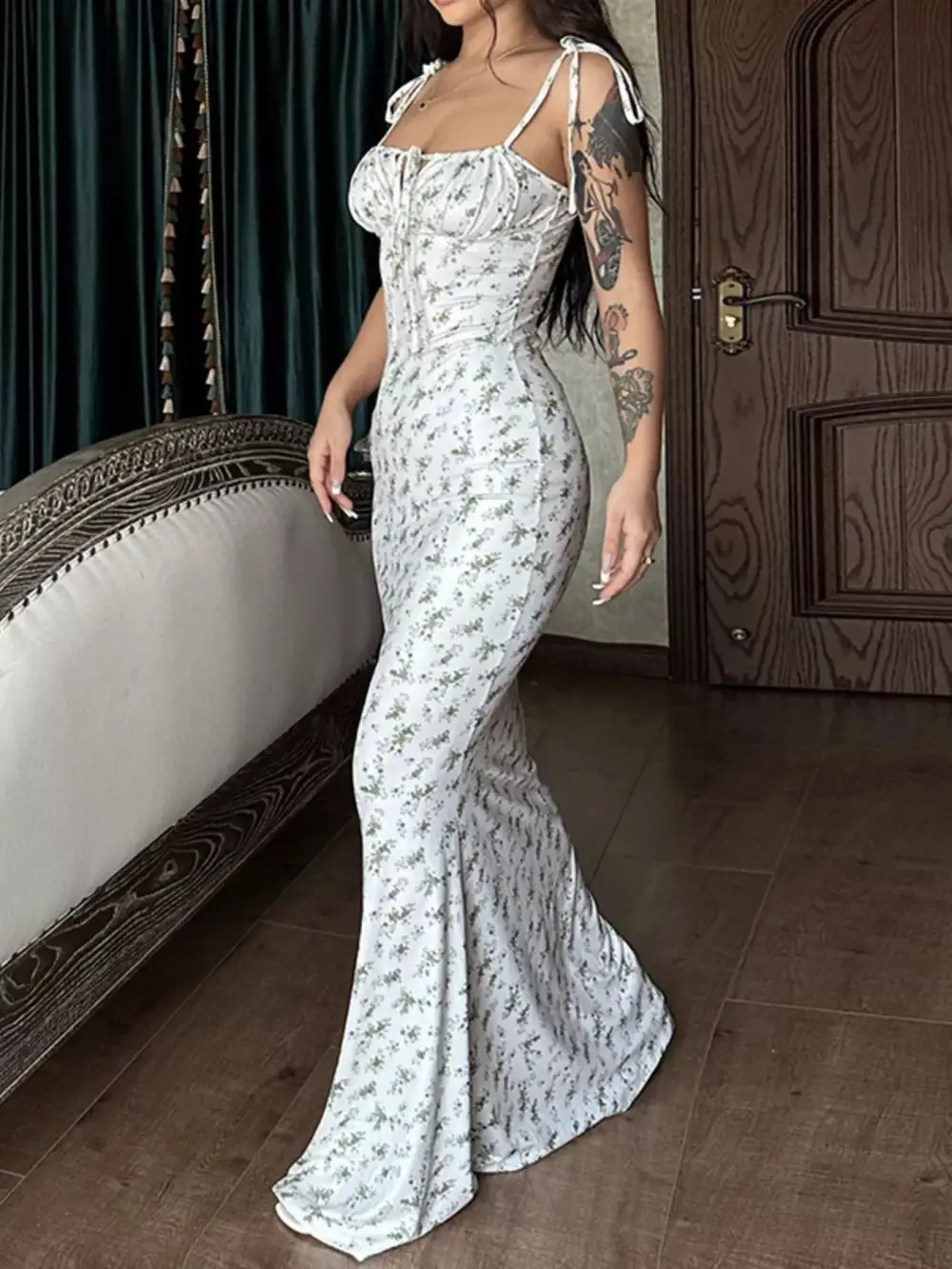 Relaxed Floral Print Tie Strap Bodycon Maxi Dress