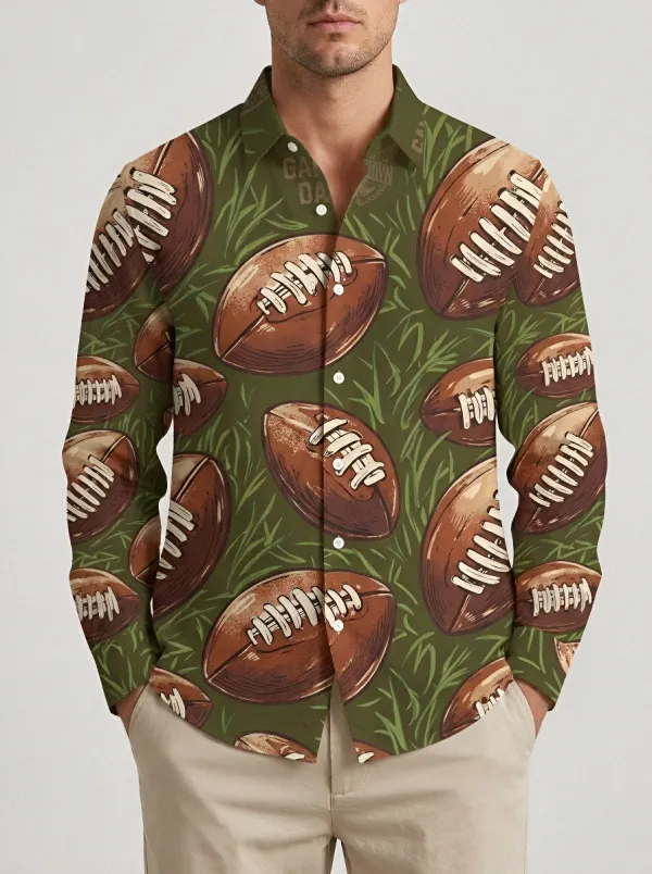 Men's Game-Day American Football Lover Grass Pattern Printed Button-up Shirt