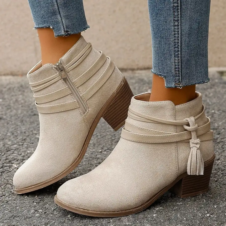 Tassel Point Toe Block Heels Boots