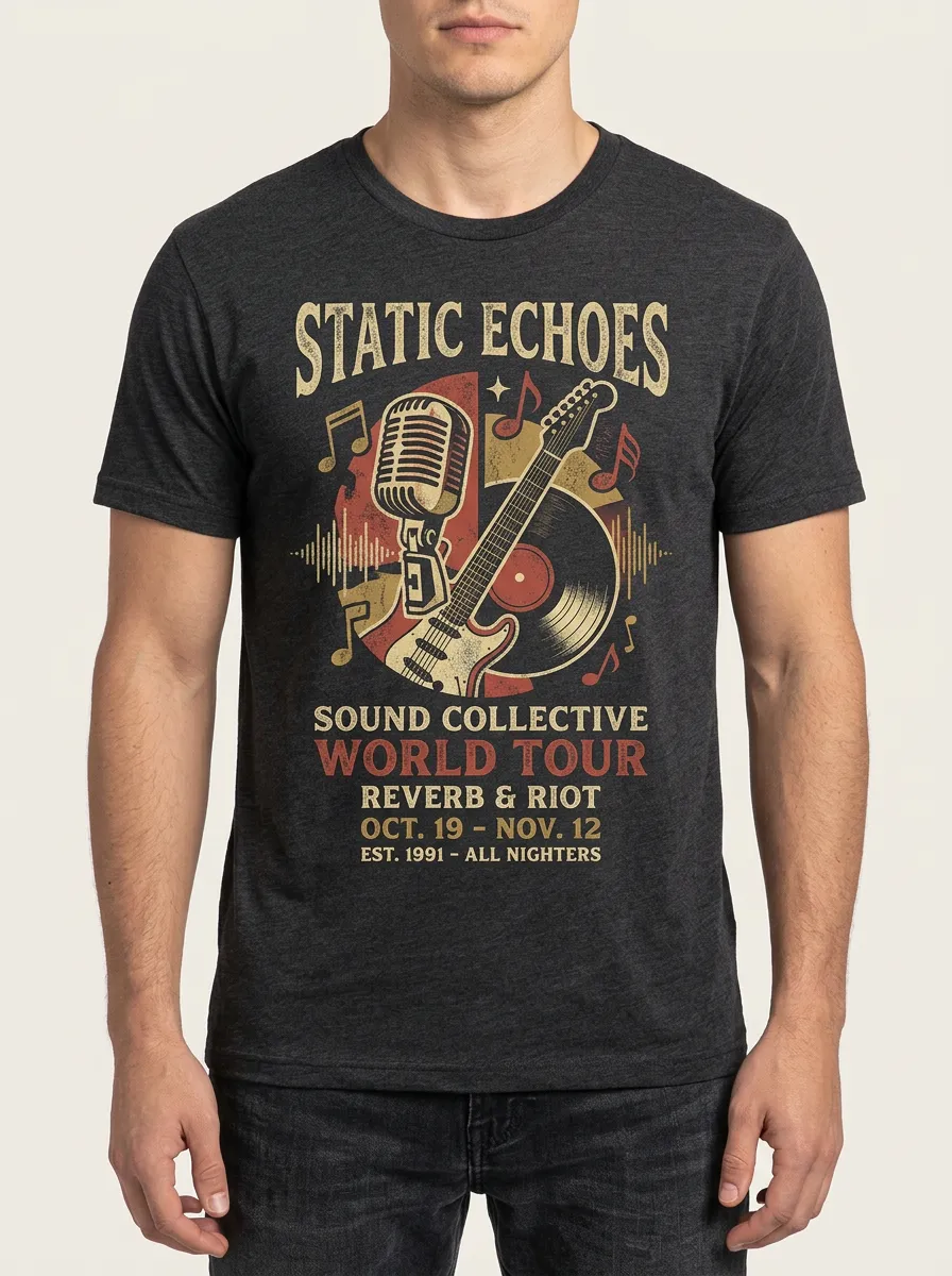 Men's Music Lover Vintage Guitar Microphone Printed T-shirt