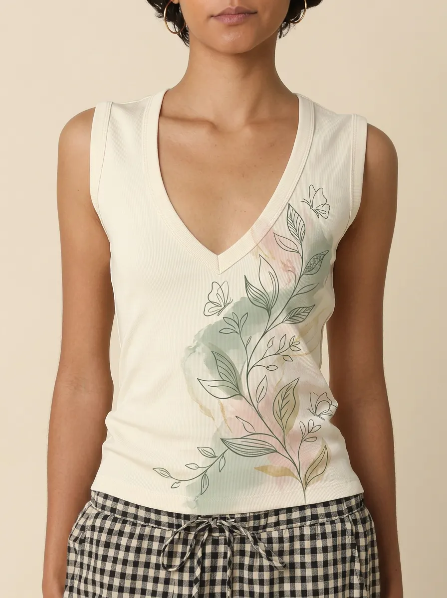 Women's Botanical Butterfly Watercolor Printed V-Neck Tank Top