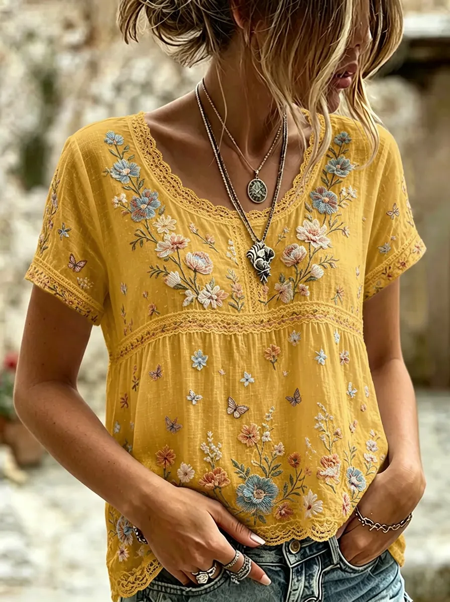 Women's Boho Floral Butterfly Embroidered Printed T-shirt
