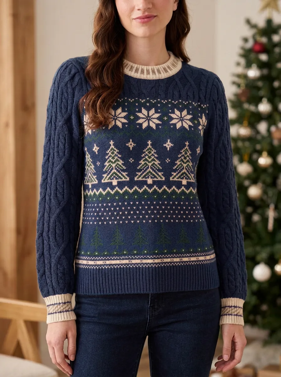 Festive Christmas Holiday Snowflake Tree Pattern Knitted Sweater