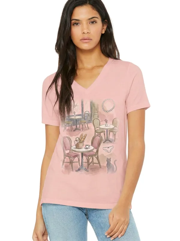 Women's Paris Cafe Cat Bread Printed V-neck T-shirt