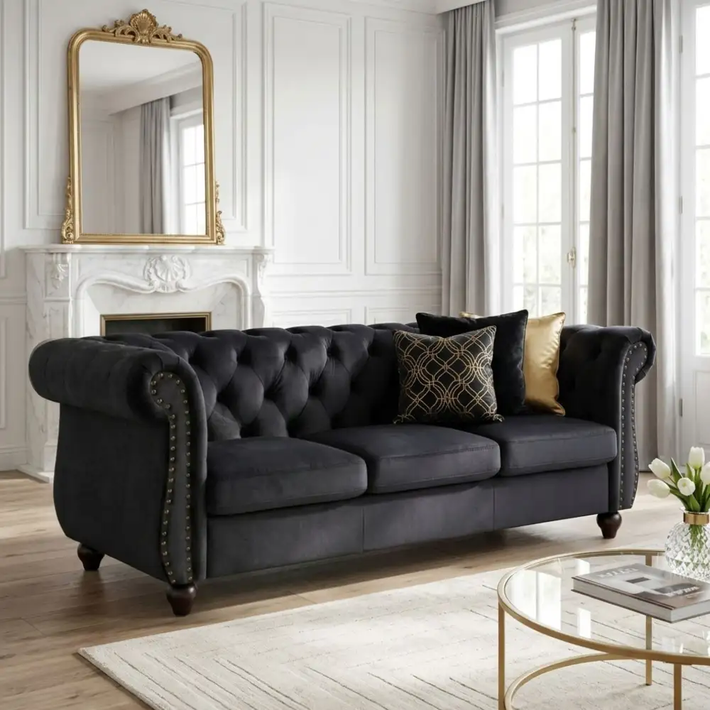 Button Tufted Velvet Rolled Arm Sofa