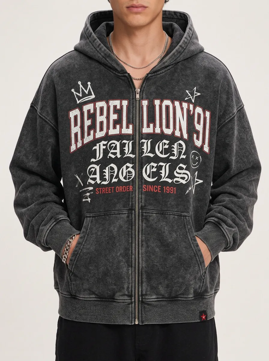 Men's Streetwear Rebel Lion Fallen Angels Graphic Printed Zip-up Hoodie