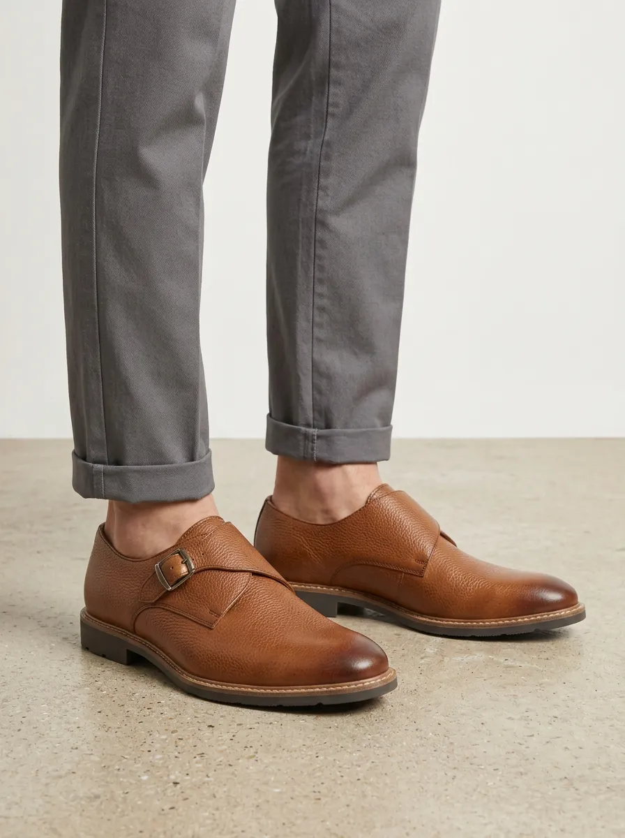 Men's Classic Business Pebble Grain Leather Monk Strap Shoes