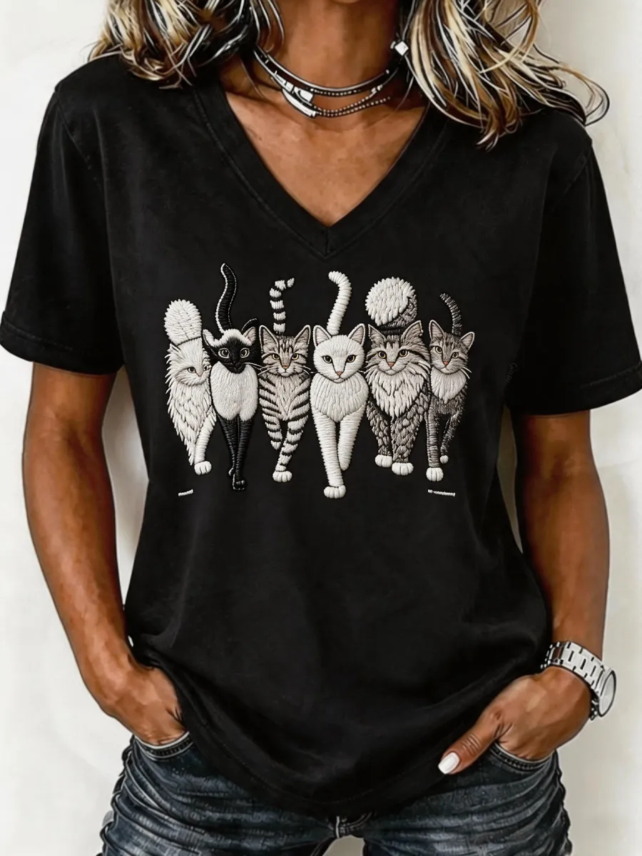 Women'S Cat Printed Casual T-Shirt