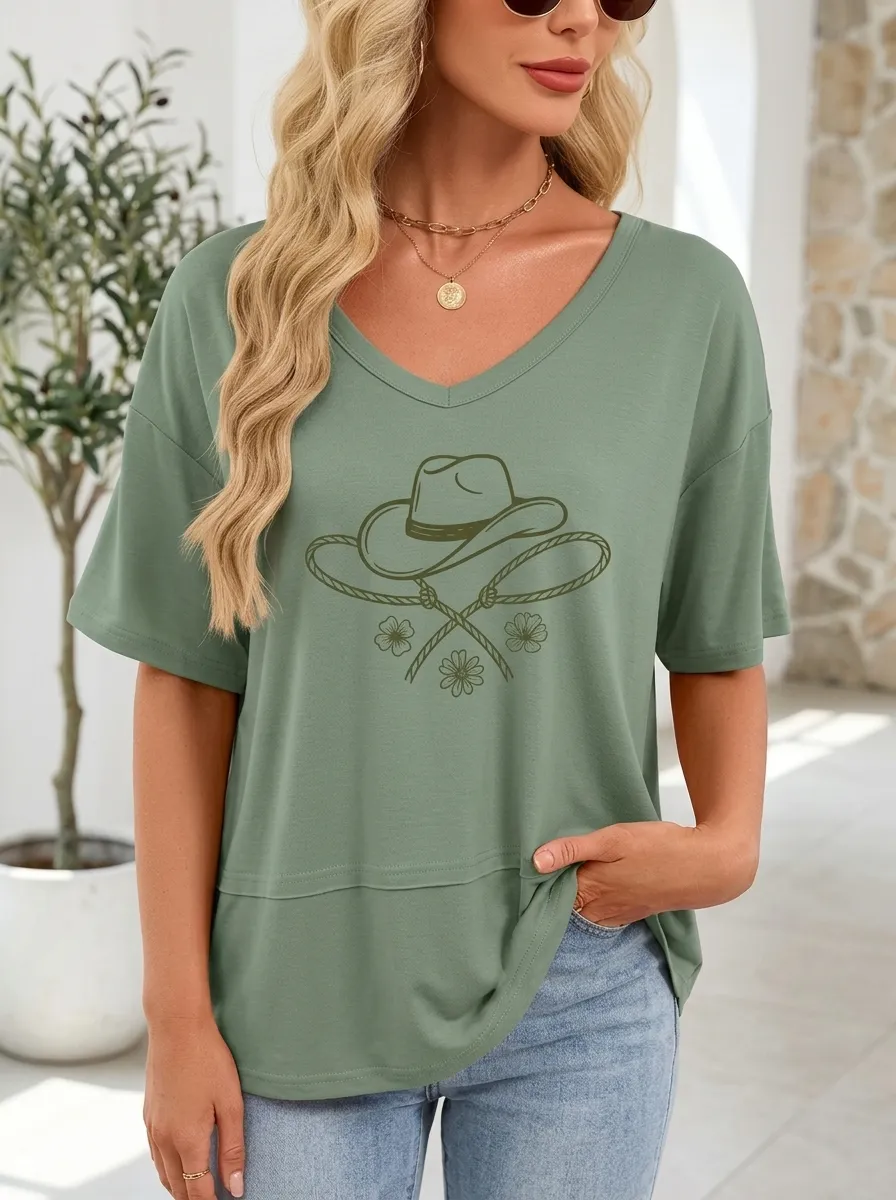 Women's Western Cowgirl Cowboy Hat Lasso Flower Printed T-shirt