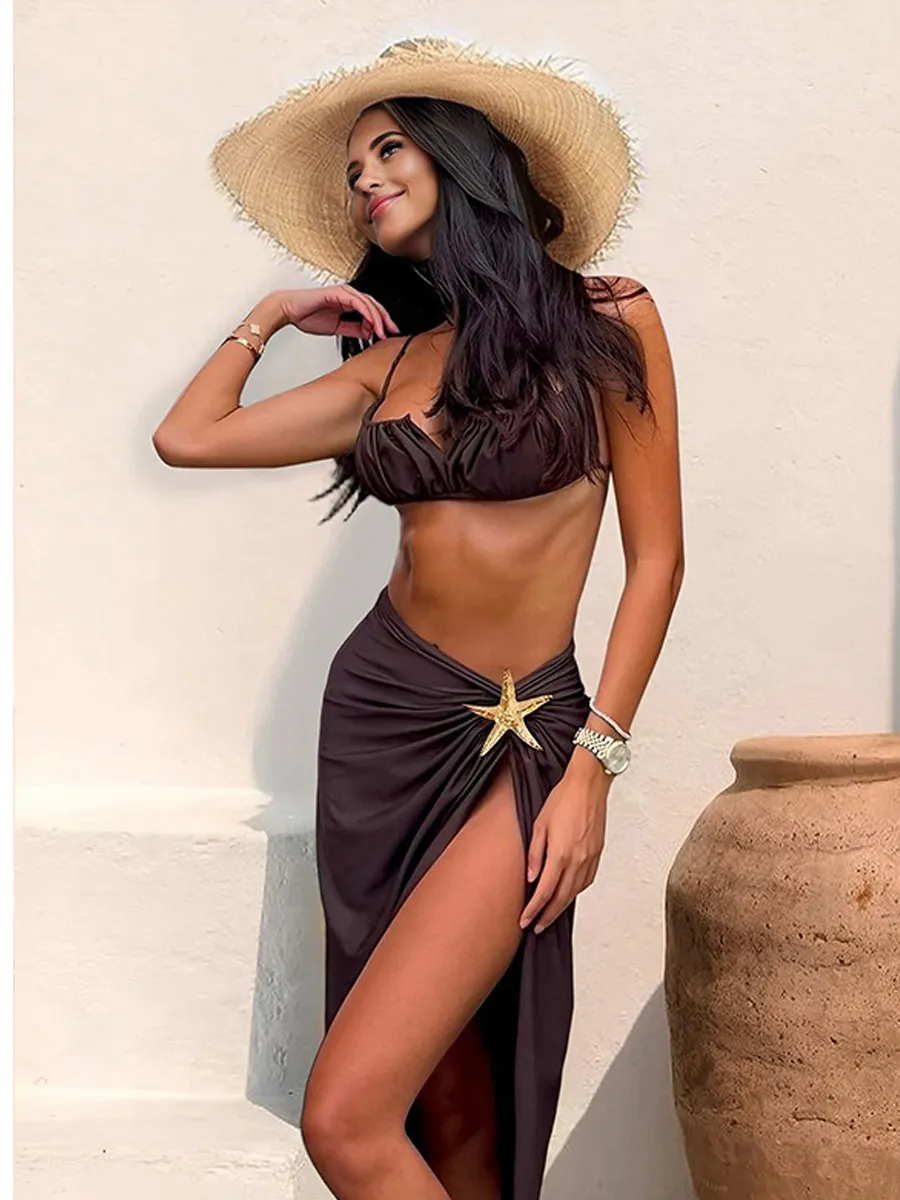 Zella Solid-Color Ruched Bikini Three-Piece Set
