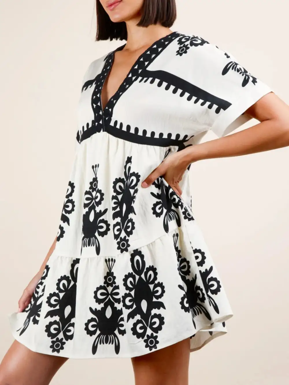 Printed V Neck Short Sleeve Mini Dress
