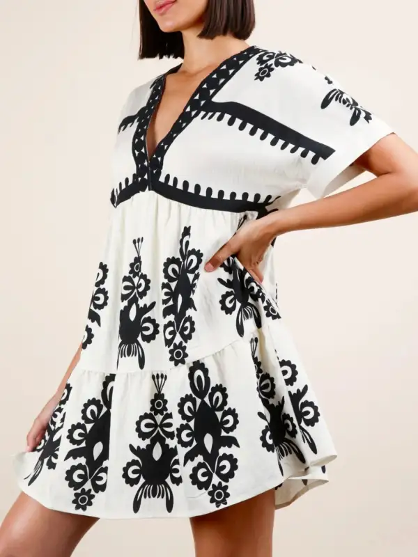 Printed V Neck Short Sleeve Mini Dress