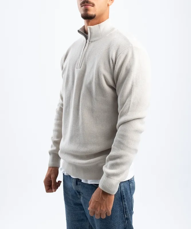 Beige Quarter Zip Knit Pullover
