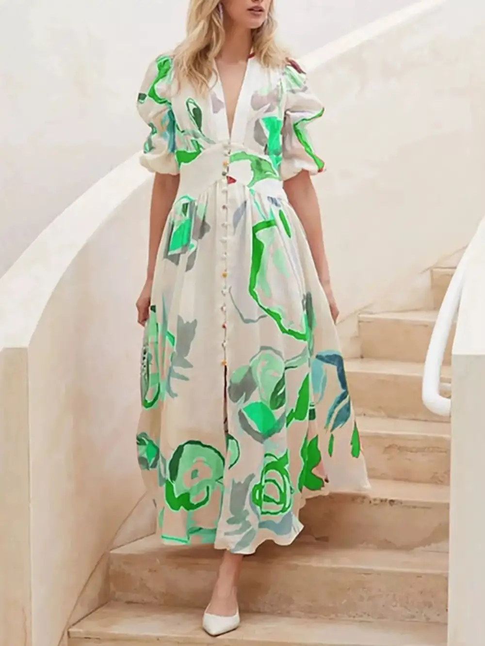Full Size Abstract Puff Sleeve Midi Dress Plus Size