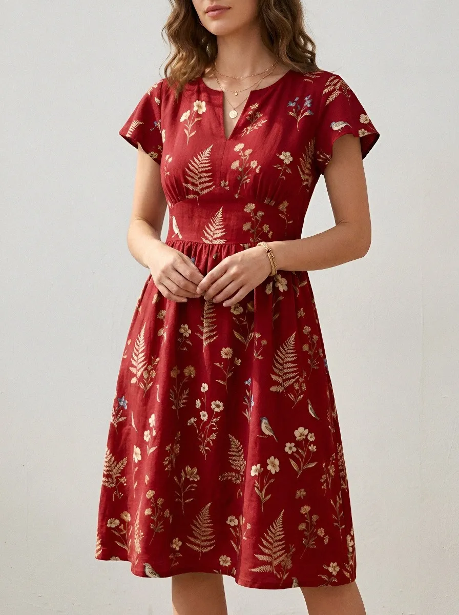 Women's Botanical Fern and Bird Printed V-Neck Dress