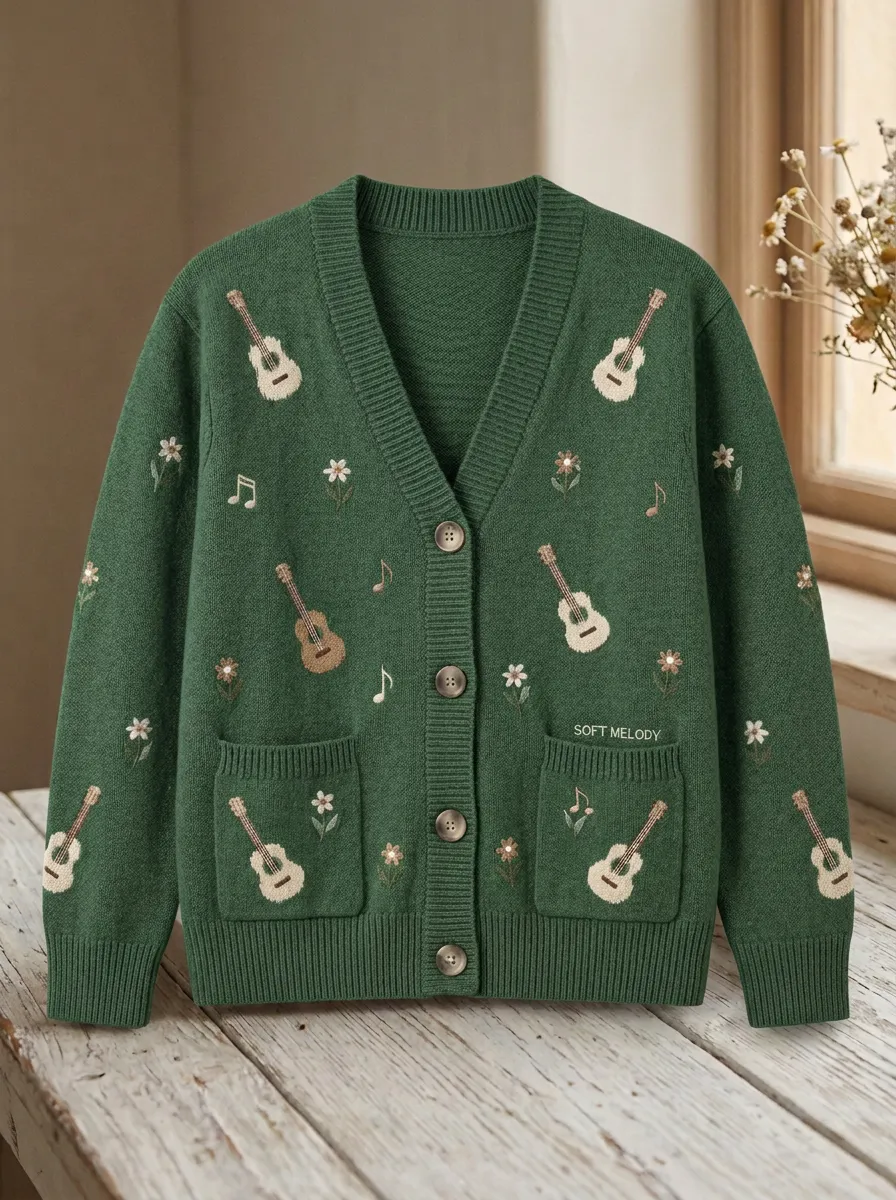 Rustic Guitar Floral Women's Country Music Knit Cardigan
