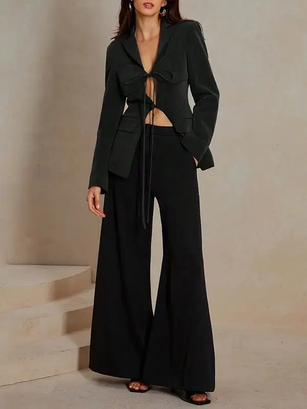 Long Sleeve Relaxed Pocket Solid Color Tie Waist Blazer