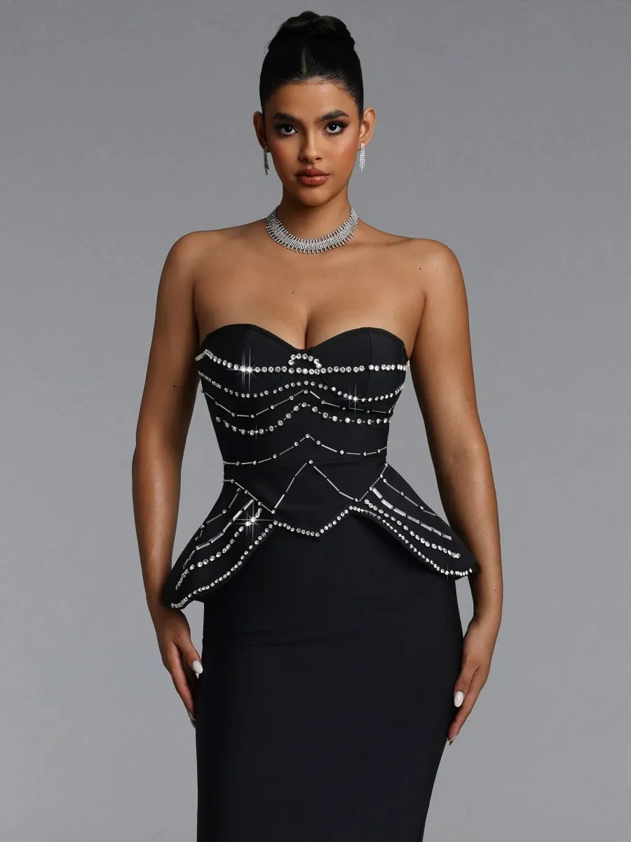 Kim  Crystal-Embellished Strapless Peplum Midi Dress