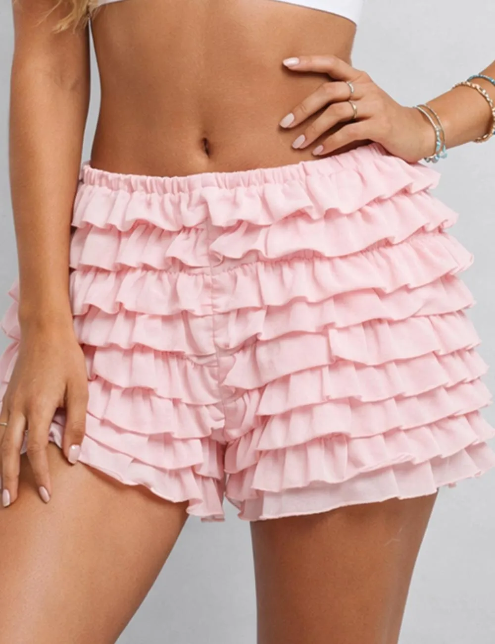 Tiered Ruffle Solid Color Elastic Waist Mini Shorts