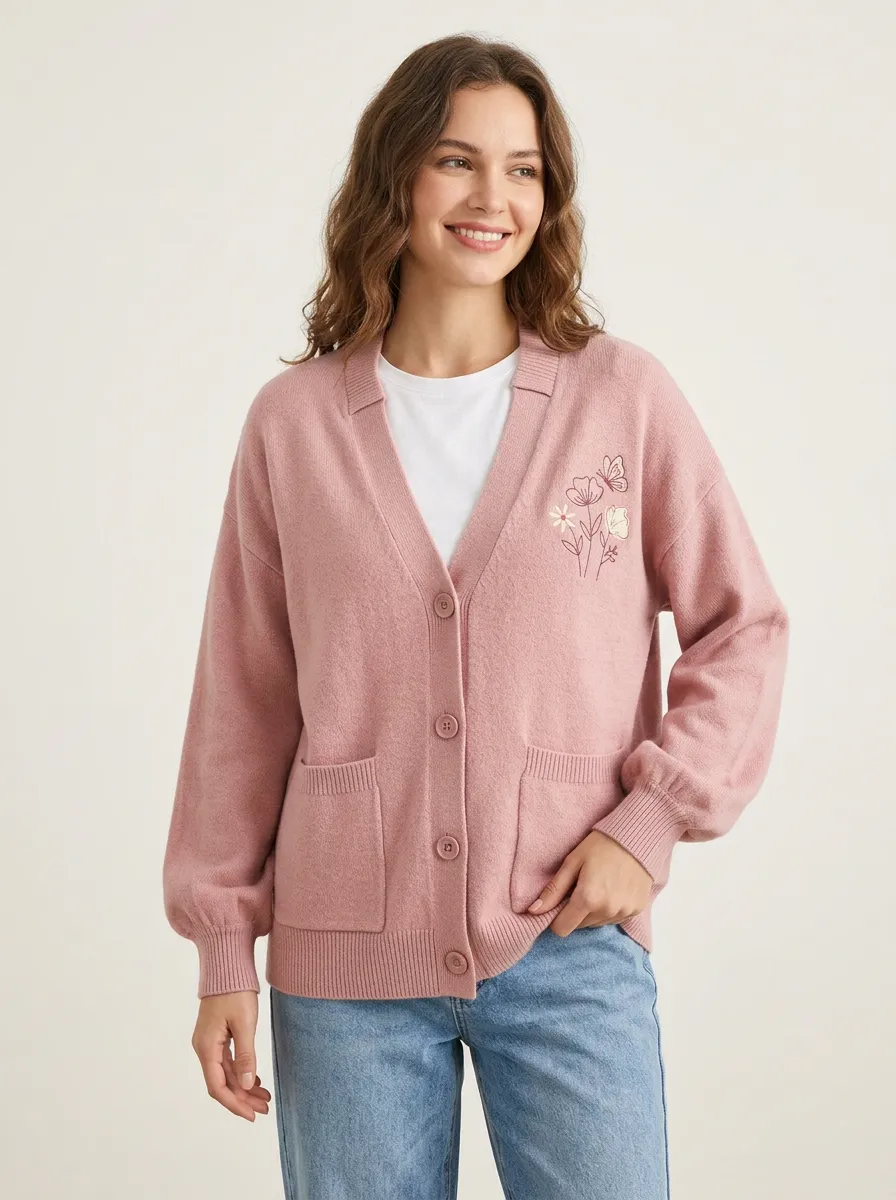 Women's Floral Butterfly Nature Lover Embroidered Printed Knit Cardigan