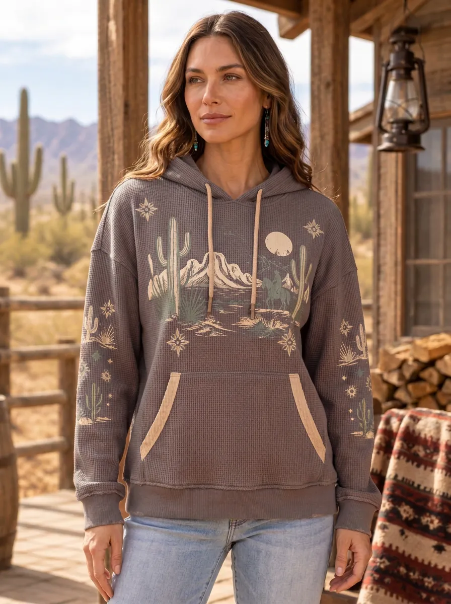 Women's Western Cowboy Desert Cactus Printed Waffle Hoodie