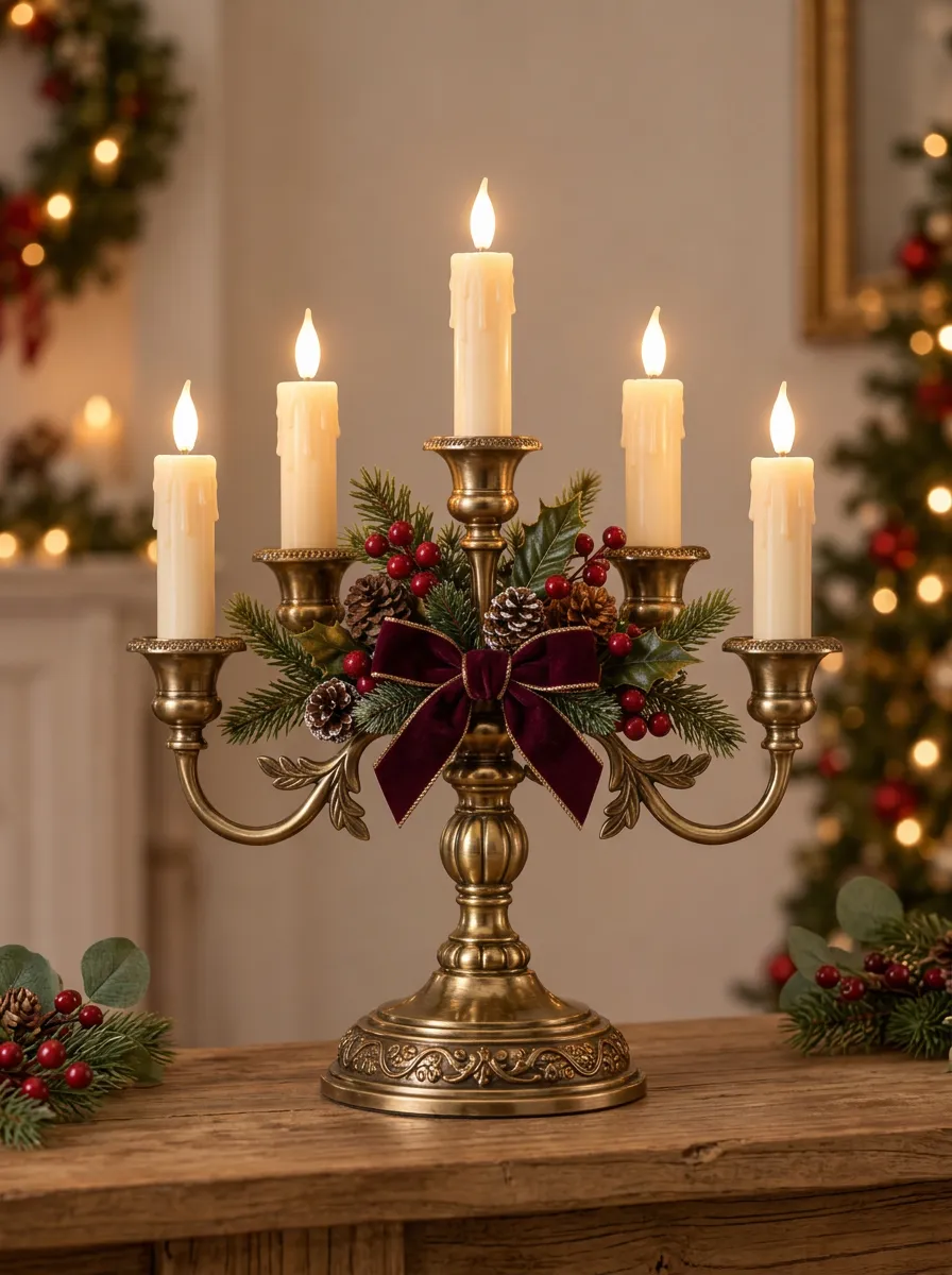 Seasonal Pinecone Velvet Bow Candelabra