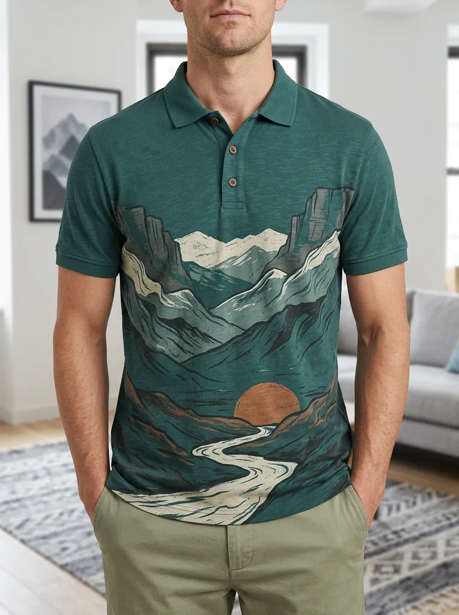 Men's Nature Lover Mountain River Sunset Printed Polo Shirt Weekend Casual Style