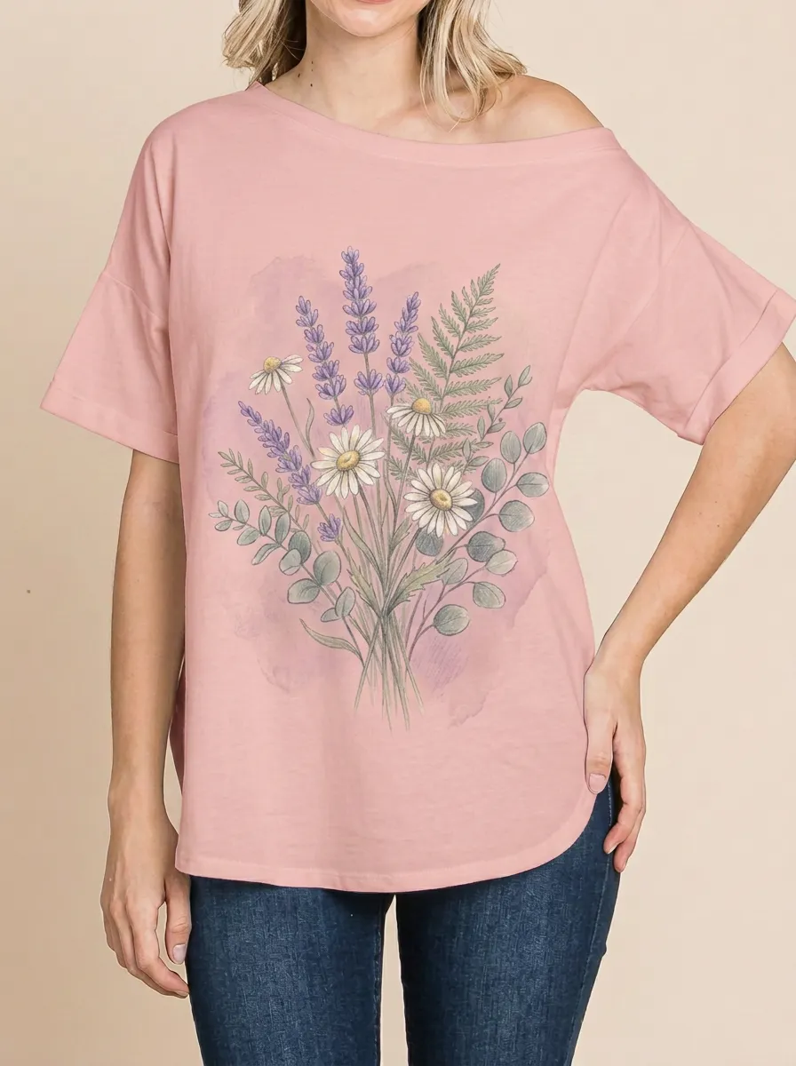 Women's Botanical Nature Lover Lavender Daisy Printed T-shirt