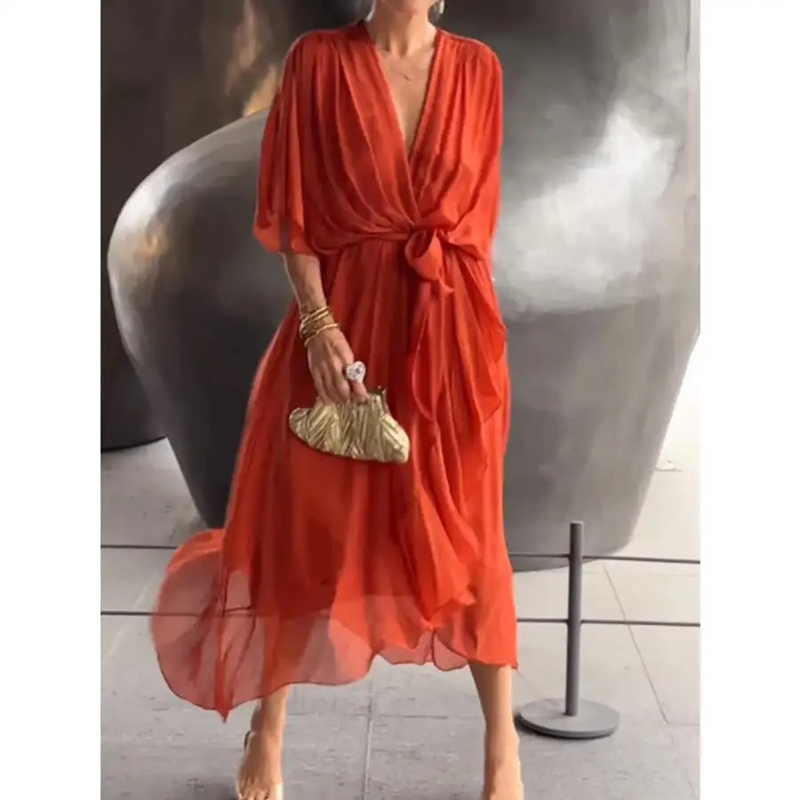 Full Size Flowy Tie Front Midi Dress with Flutter Sleeves Plus Size