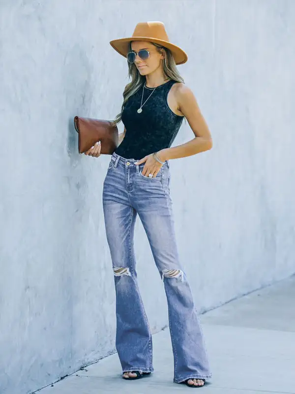Bootcut Jeans High Waist Slimming Ripped Denim