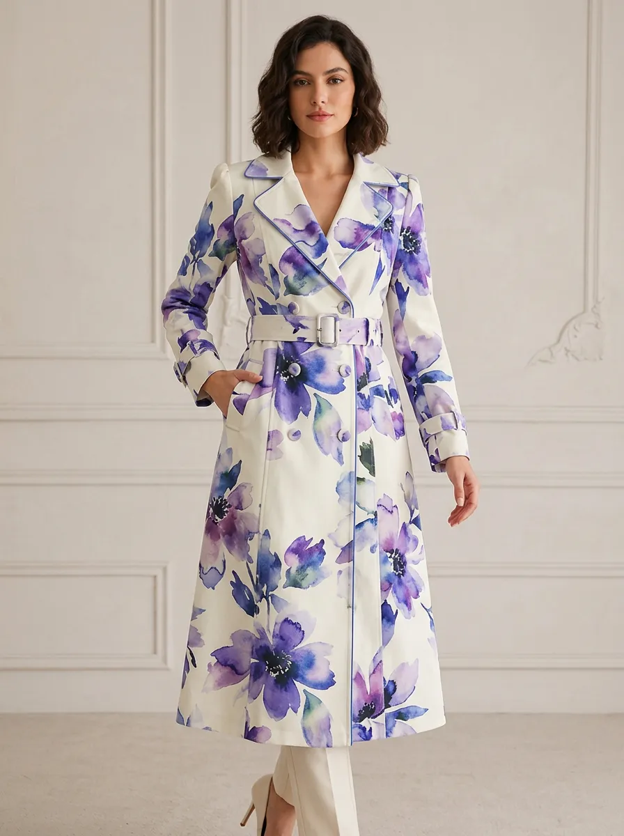 Women's Floral Lover Purple Watercolor Printed Trench Coat