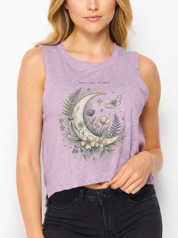 Women's Celestial Floral Moon Moth Printed Tank Top