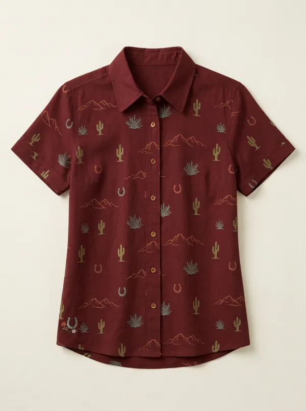 Women's Western Desert Cactus Horseshoe Printed Short Sleeve Shirt