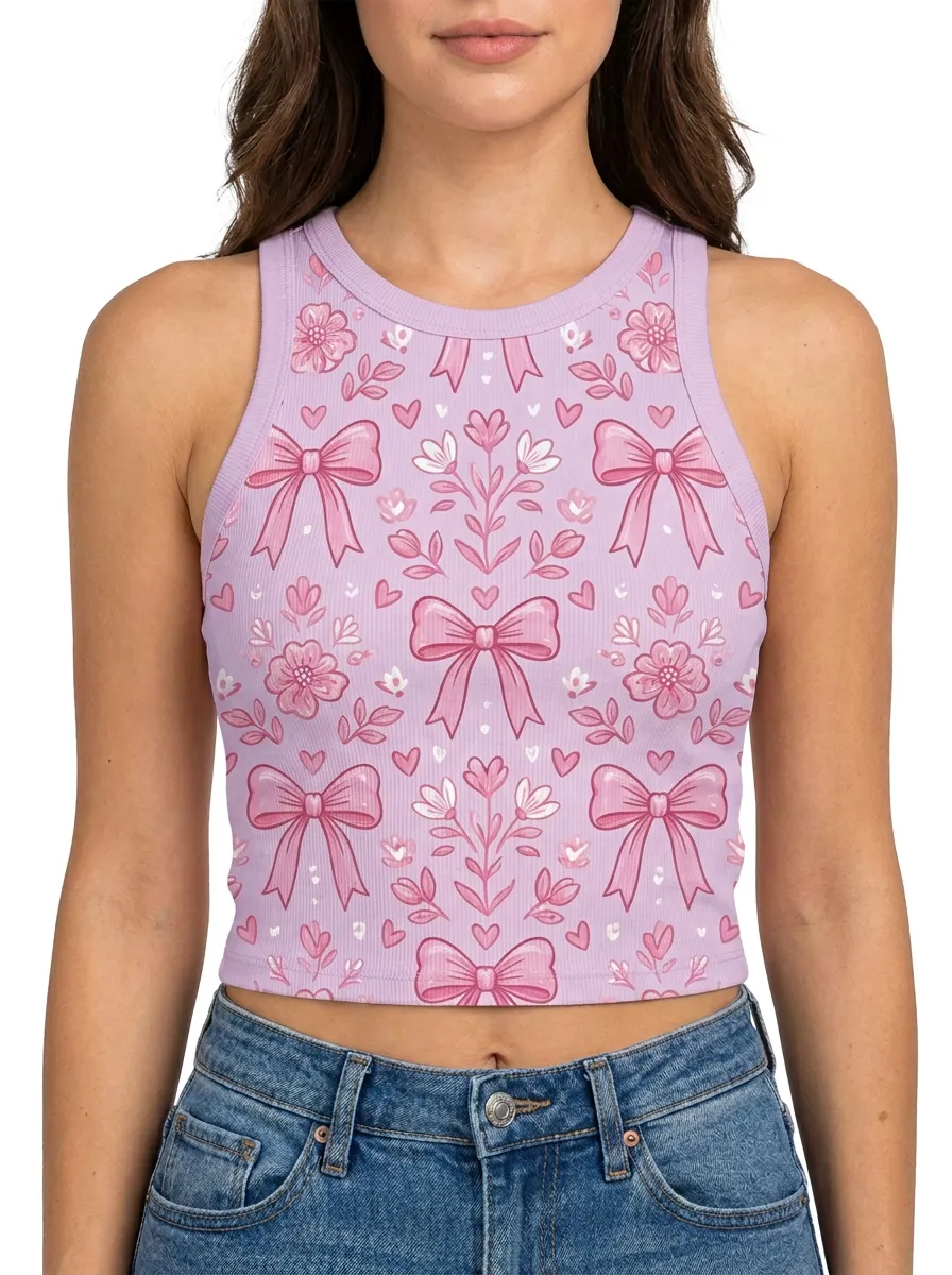 Women's Breast Cancer Awareness Pink Bow Floral Printed Crop Tank Top
