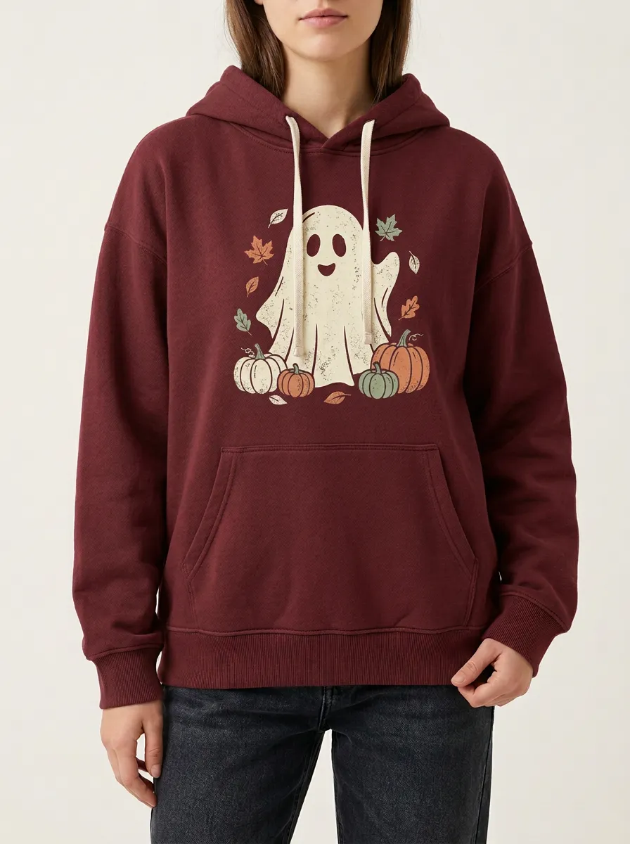 Women's Halloween Ghost Pumpkin Leaves Printed Hoodie