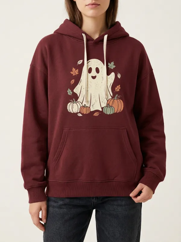 Women's Halloween Ghost Pumpkin Leaves Printed Hoodie
