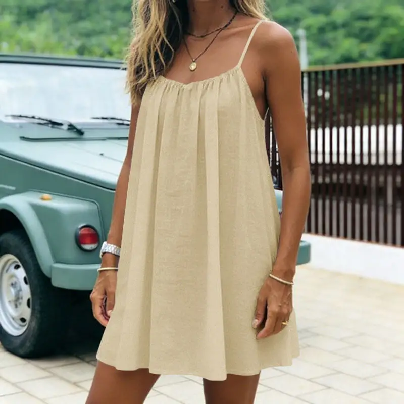🌿Women's Summer Ruched Backless Cami Mini Dress, Spaghetti Strap A-Line Loose Fit Vacation Short Dress