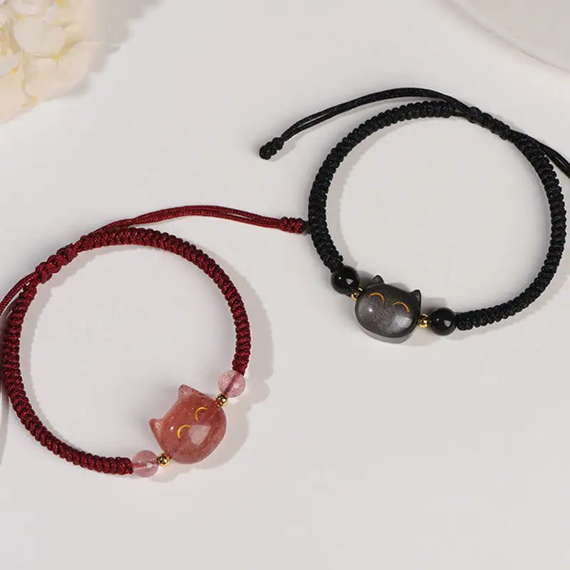 Handmade Natural Obsidian Strawberry Quartz Cute Cat Bracelet