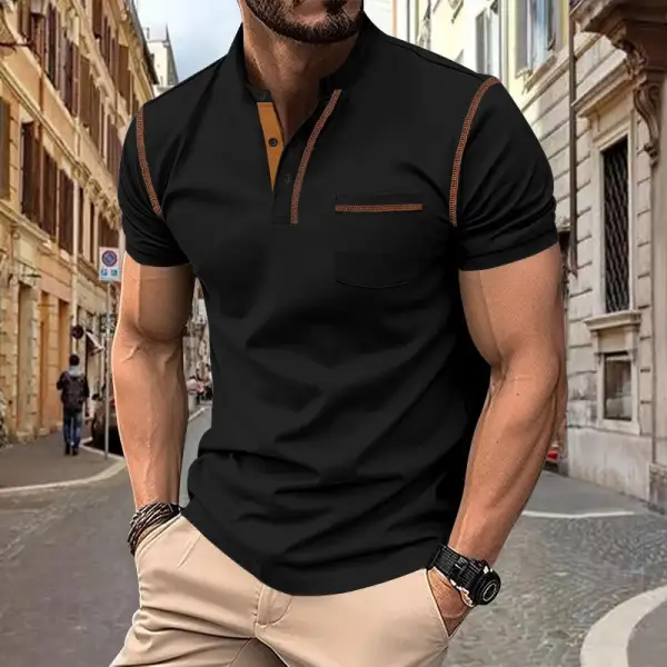 Men's Short-Sleeve Polo In Henley Style With Stand-up Collar Chest Pocket And Contrast Stitching